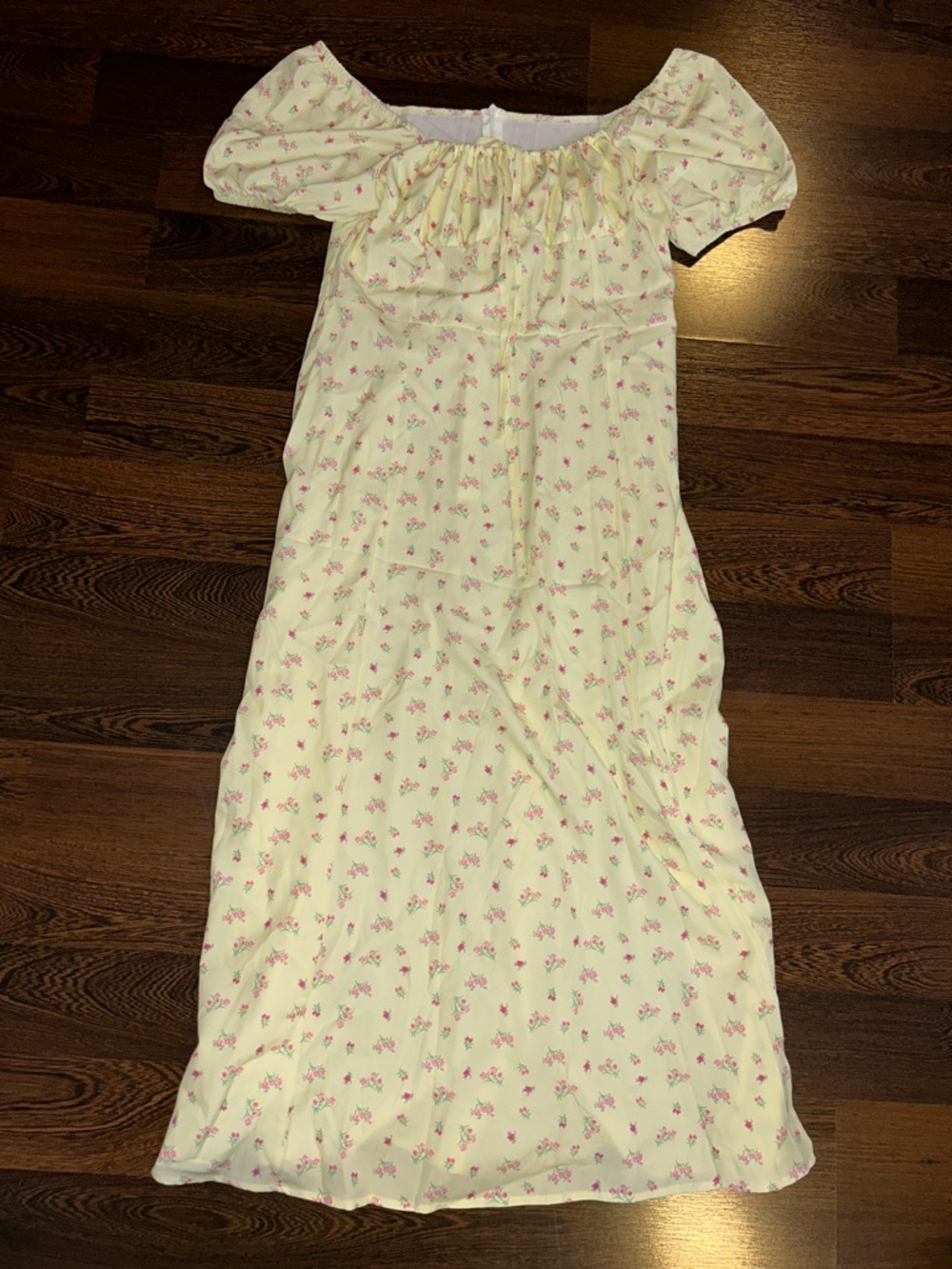 Pale Yellow Floral Puff Sleeve Sun Dress